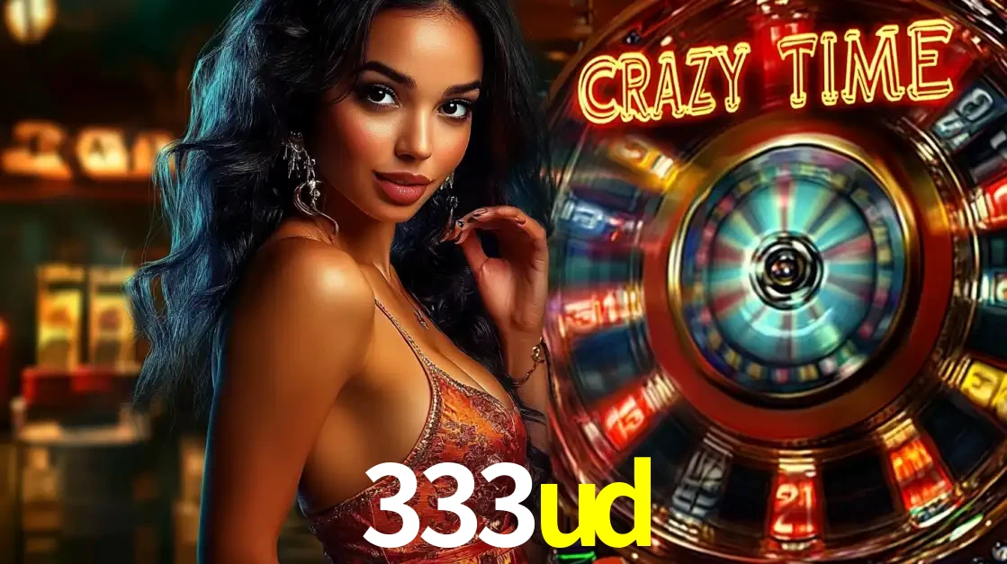 Mulher elegante ao lado da vibrante roda da fortuna do jogo de cassino ao vivo Crazy Time, um dos game shows mais populares e cheios de prêmios do 333ud.