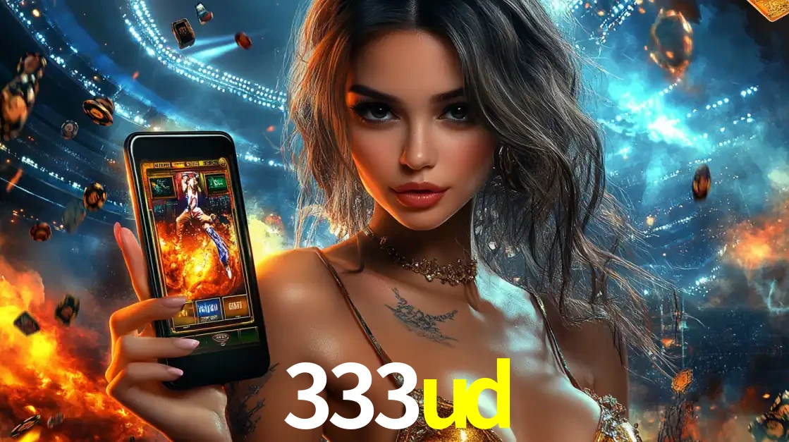 Mulher segurando um celular com um jogo de slot em destaque, tendo como fundo um estádio vibrante, simbolizando a emoção de jogar no cassino móvel 333ud.